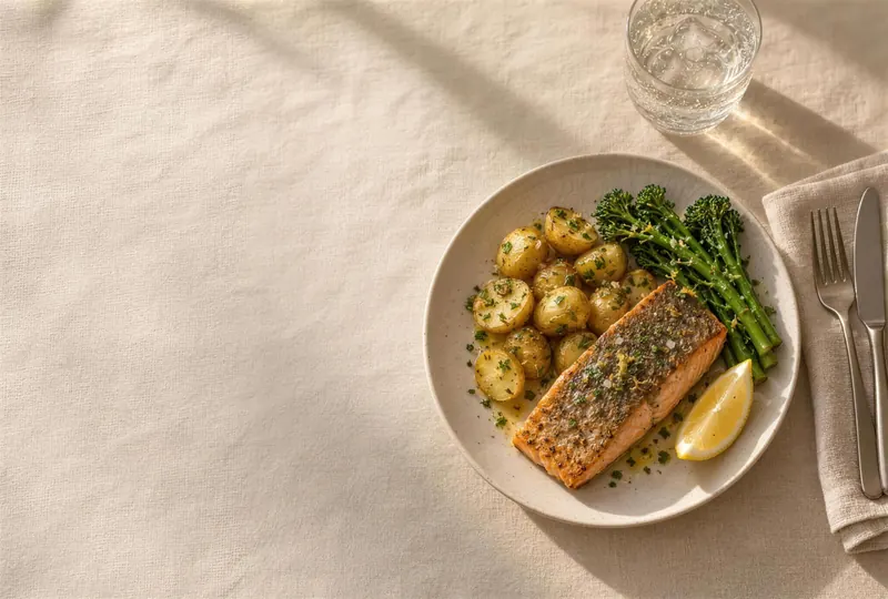 Pan-seared salmon with herby baby potatoes, tenderstem broccoli and a wedge of lemon on a stoneware plate, in warm evening light.
