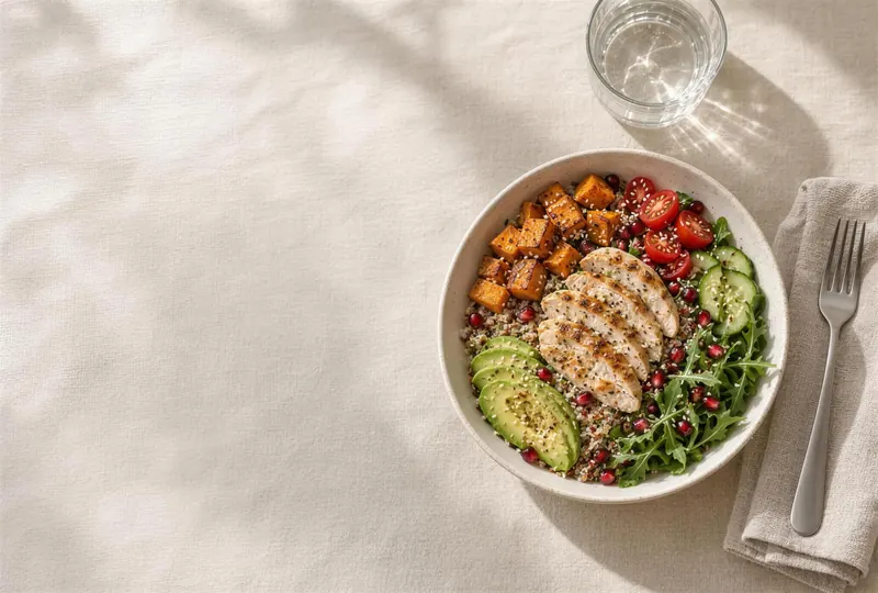 A chicken, quinoa and roasted sweet potato bowl with avocado, cherry tomatoes, rocket and pomegranate, on pale linen beside a glass of water.
