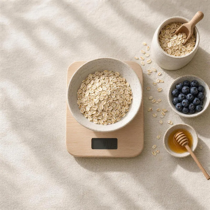 A bowl of porridge oats on a pale wooden kitchen scale, beside a jar of oats, a dish of blueberries and a little honey.